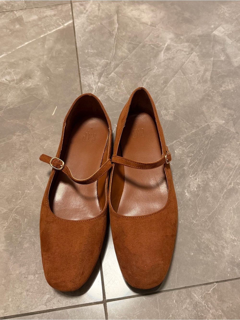 GAP Women's Chestnut Suede Mary Jane Flats with Gold Buckle - Picture 4 of 6